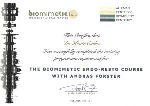 Dr. Kövér Evelin - Oklevél: Biomimetic endo resto képzés Budapest 2023