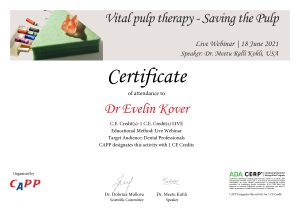 Dr. Kövér Evelin - Oklevél: Vital pulp therapy