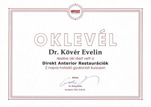 Dr. Kövér Evelin - Oklevél: Direkt anterior restaurációk