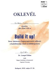 Dr. Kövér Evelin Oklevél: Nem-kárieszes foganyagvesztés adhezív rehabilitációja Budapest 2022