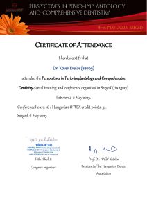 Dr. Kövér Evelin Oklevél: Persepectives in perio implantology and comprehensive dentistry Szeged 2023